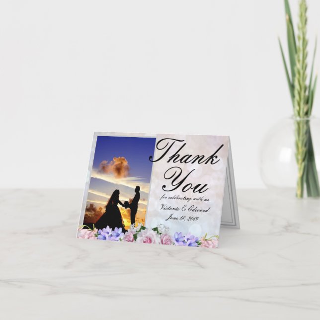 Cartão De Agradecimento Rosa Rosa Rosa | Silver Bokeh Obrigado Casamento (Frente)