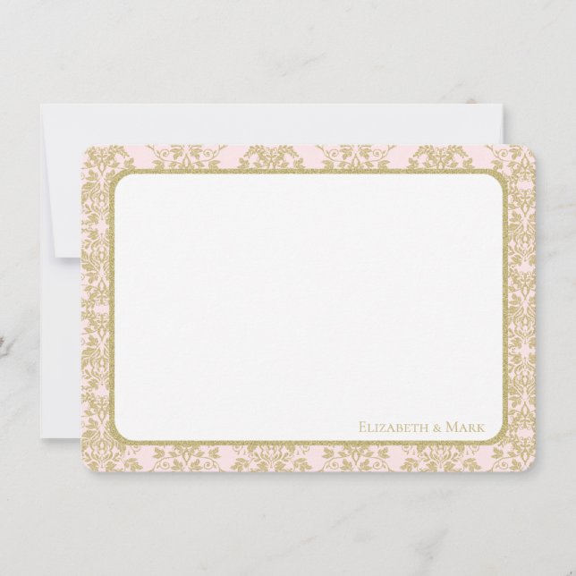 Cartão De Agradecimento Rosa Suave e Dourado Damask Flat Obrigado (Frente)