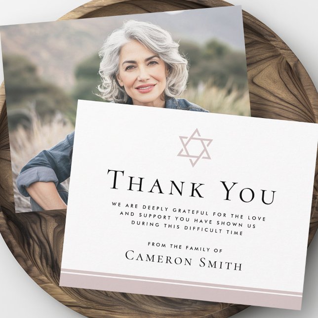 Cartão De Agradecimento Rosa taupe Star da foto do funeral de David (Rose taupe Star of David funeral sympathy photo Thank You Card)