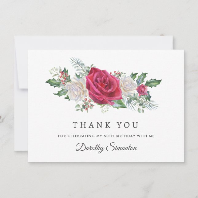 Cartão De Agradecimento Rosa vermelha Holly Winter 50th Birthday Flat (Frente)