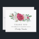 Cartão De Agradecimento Rosa vermelha Holly Winter 50th Birthday Flat<br><div class="desc">Um belo e elegante cartões de agradecimentos projetado especialmente para uma festa de aniversário. Apresenta um grande spray floral de rosas vermelhos e brancos aninhados em sagrado,  eucalipto e bagas. Este item faz parte da Coleção de Rosa e Holly.</div>