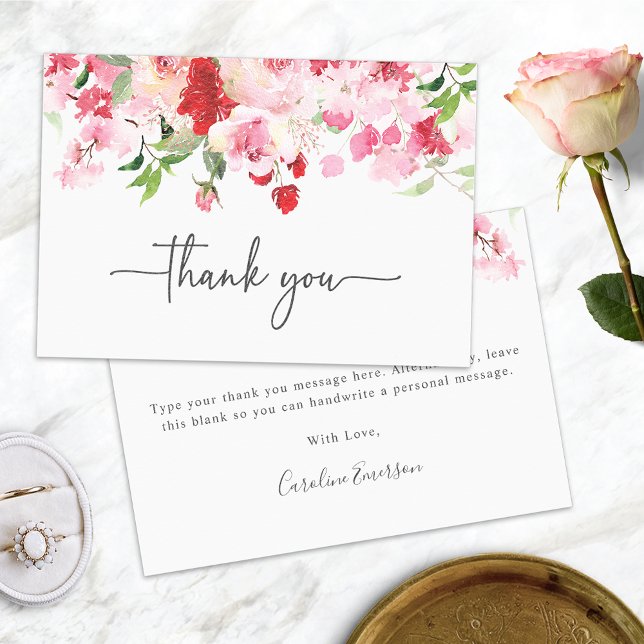 Cartão De Agradecimento Rosa Vermelho (Red and Pink Roses Thank You Card for Bridal Shower or Weddings by Painted Paperie
)
