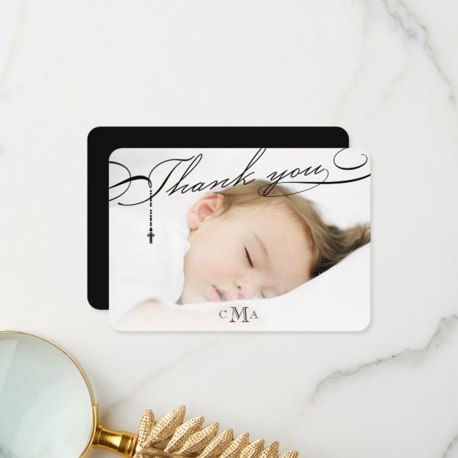 Cartão De Agradecimento Rosary Cross Monogramas Foto Religiosa Escriturada (Frente/Verso In Situ)