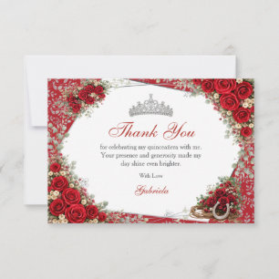 Cartão De Agradecimento Rosas Aquarela Vermelhas e Prata Quinceañera