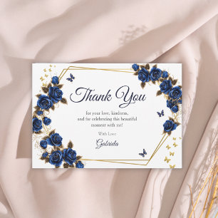 Cartão De Agradecimento Rosas Azul Marinho Tiara Dourada Borboleta Quincea