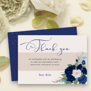 Cartão De Agradecimento Rosas Azul Real e Marfim Caligrafia Elegante