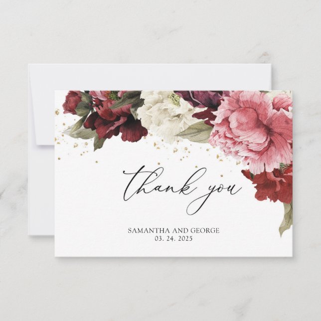 Cartão De Agradecimento Rosas boêmicas florescem peônias românticas (Frente)
