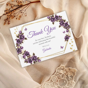 Cartão De Agradecimento Rosas Borboletas Tiara Dourada Roxa Quinceañera