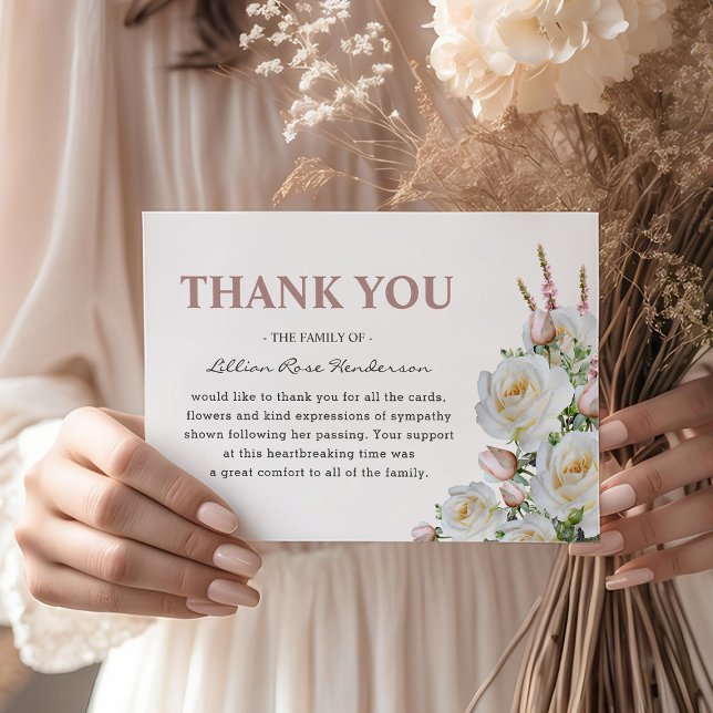 Cartão De Agradecimento Rosas Brancas e Rosa Elegantes | Funeral Obrigado (Criador carregado)