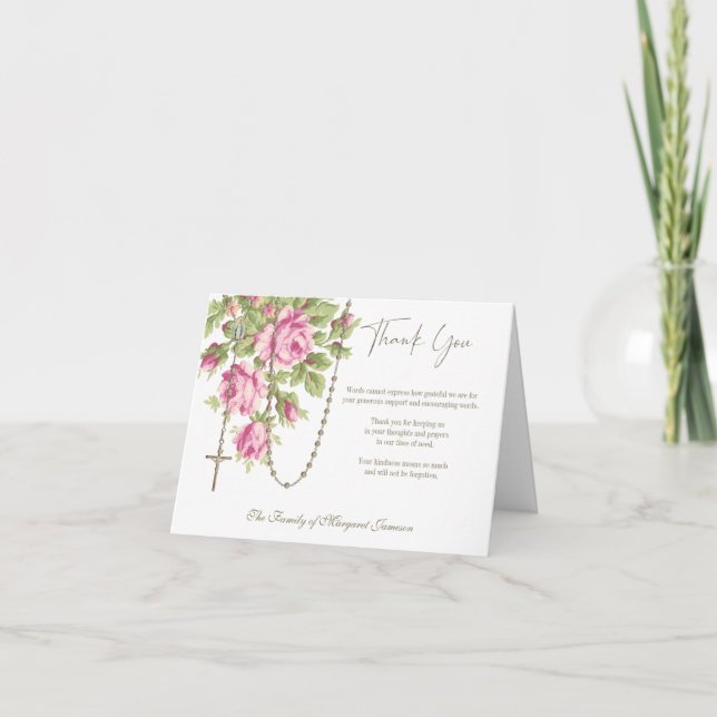 Cartão De Agradecimento Rosas Católicos Rosário Condolência Funeral (Frente)