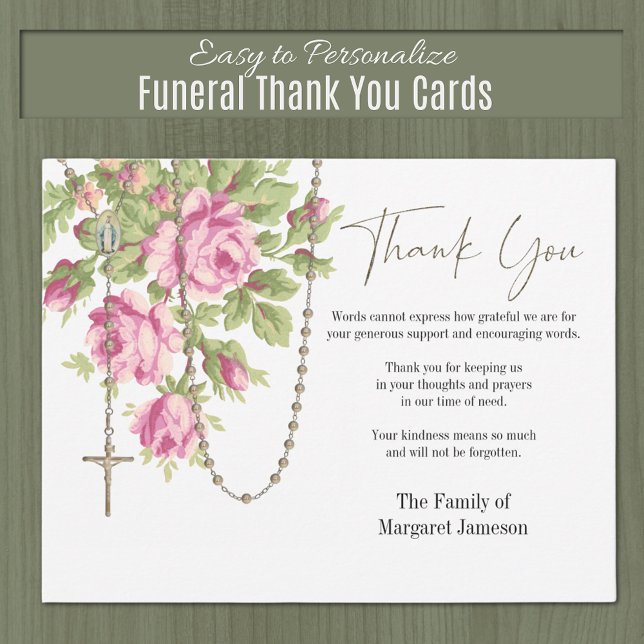 Cartão De Agradecimento Rosas Católicos Rosário Condolência Funeral (Traditional Catholic Holy Rosary Flat Floral Funeral Thank you Condolence Cards)