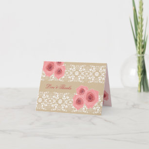 Cartão De Agradecimento Rosas Cor-de-Rosa Elegantes Renda Damask Casamento