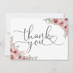 Cartão De Agradecimento Rosas Coração Floral Script Preto e Branco