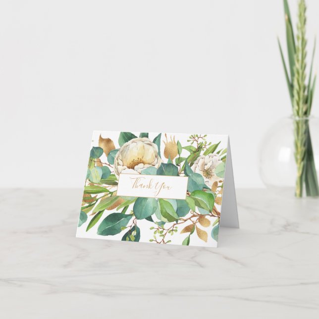 Cartão De Agradecimento Rosas de aquarela e placa de anotação Eucalyptus (Frente)