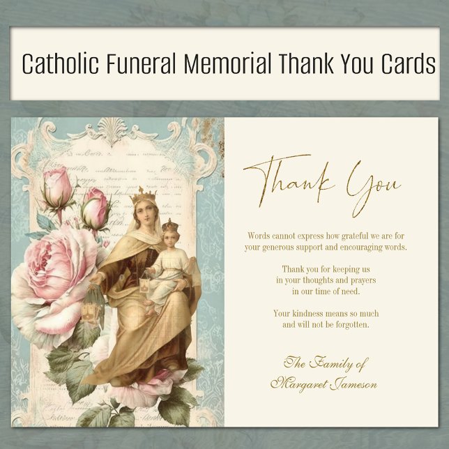 Cartão De Agradecimento Rosas de Monte Carmel, Memorial Católico Funerário (Traditional Catholic Our Lady of Mount Carmel with roses funeral memorial thank you cards)