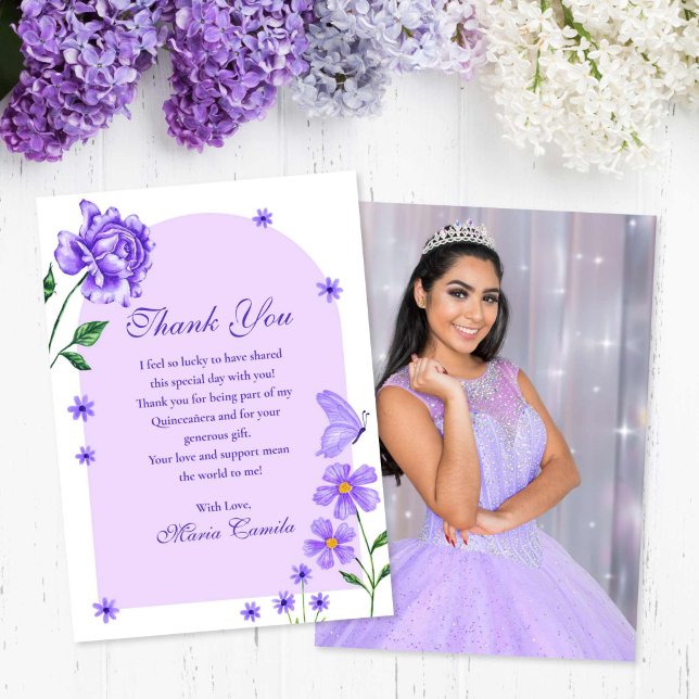 Cartão De Agradecimento Rosas de Quinceañera roxas e borboletas Foto (Purple Quinceañera Floral Roses and Butterflies Thank You Card)