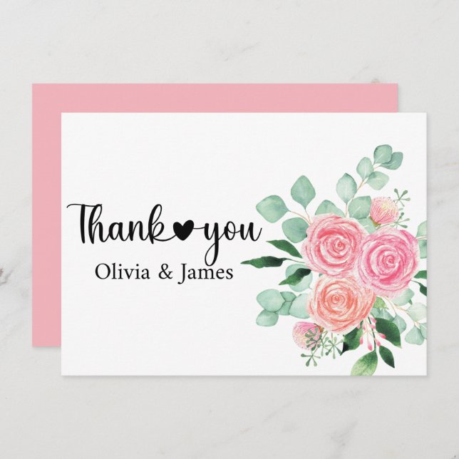 Cartão De Agradecimento Rosas e Eucalyptus Wedding (Frente/Verso)