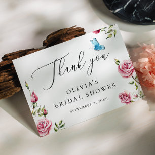 Cartão De Agradecimento Rosas em Aquarela Chá de Noiva Floral Elegante