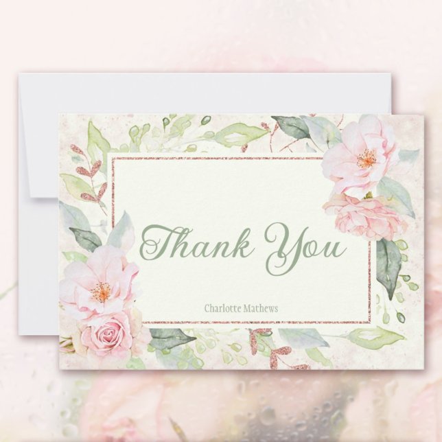 Cartão De Agradecimento Rosas em Aquarela Rosa Chã Bridal Shower Verde Mus (Pink Watercolor Roses Sage Green Bridal Shower Thank You Card)