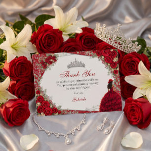 Cartão De Agradecimento Rosas em Aquarela Vermelhas e Prata Quinceañera
