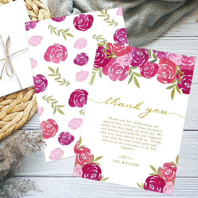 Cartão De Agradecimento Rosas Florais Rosa e Púrpura Deixam Casamento Bran (Criador carregado)