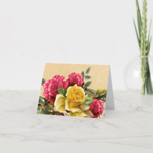 Cartão De Agradecimento Rosas Florais Vermelhas e Amarelas Vintage