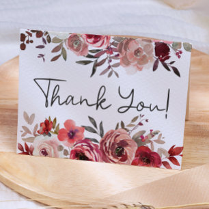 Cartão De Agradecimento Rosas Florais Vermelho Rubor Elegante Casamento