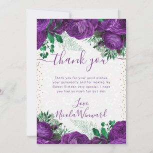 Cartão De Agradecimento Rosas Flores Glam Roxo Aquarela Sweet 16