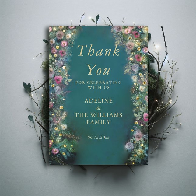 Cartão De Agradecimento Rosas Florestais Encantadas Verde Magical Sweet 16 (enchanted forest sweet 16 wild roses thank you card emerald green gold elegant modern typography)