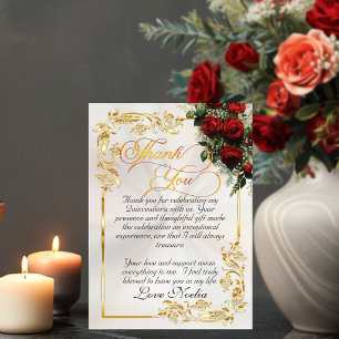 Cartão De Agradecimento Rosas, Folhas de Ouro & Tiara - Pearl Quinceanera