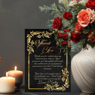 Cartão De Agradecimento Rosas, Folhas de Ouro & Tiara - Quinceanera Preta