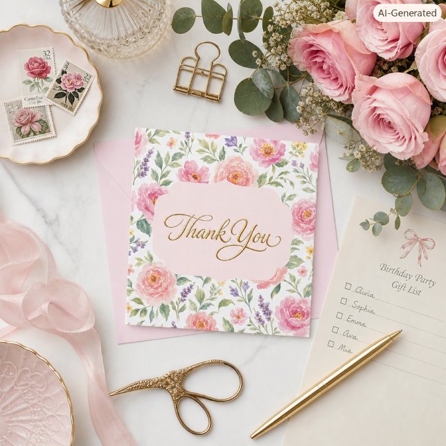 Cartão De Agradecimento Rosas Pink Botânicas Dourado Script (Criador carregado)