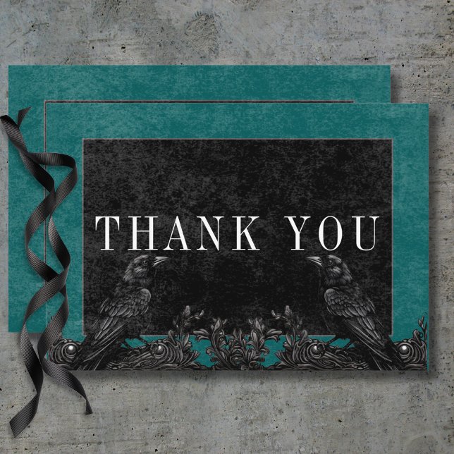 Cartão De Agradecimento Rosas Pretos Góticos Raven e Pretos Detalhes do Te (Gothic Black Raven & Black Roses Teal Details Thank You Card)