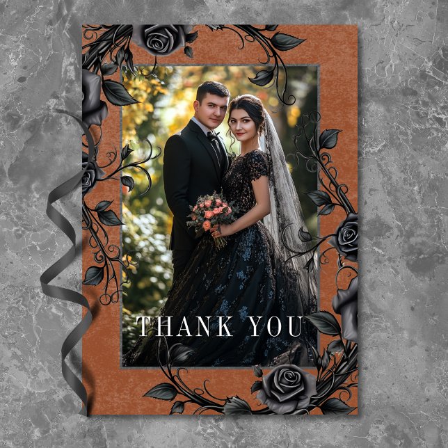 Cartão De Agradecimento Rosas Pretos Raven Negros Góticos Casamento Fotogr (Gothic Black Raven Black Roses Rust Photo Wedding Thank You Card)