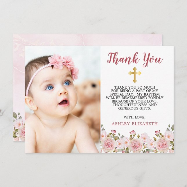 Cartão De Agradecimento Rosas Rosa Aquarela Batismo Floral Floral Obrigado (Frente/Verso)