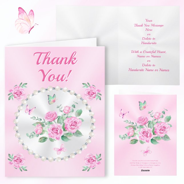 Cartão De Agradecimento Rosas Rosa, Borboletas, Flores Obrigado Cartões. (Pink floral thank you cards. Rose thank you cards. Pretty thank yous. Beautiful thank you cards, her)