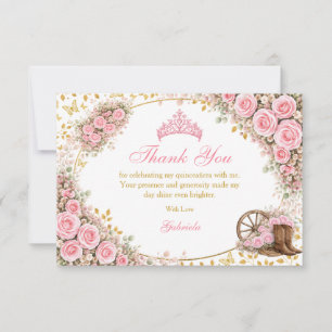 Cartão De Agradecimento Rosas Rosa em Aquarela Borboleta Dourada Quinceañe