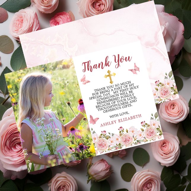 Cartão De Agradecimento Rosas Rosa Floral e Borboletas Primeira Comunhão (Pink Rose Floral with Pink Butterflies and Gold Tone Trinity Cross Photo Thank You Card)