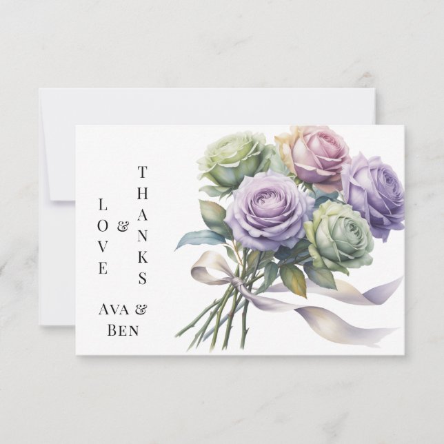 Cartão De Agradecimento Rosas Roxas e Verde-Salvia Amor e Gratidão (Frente)