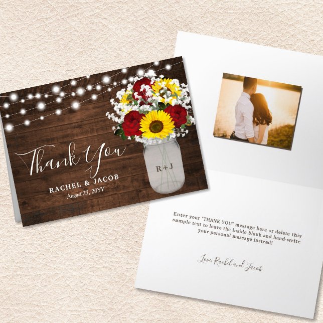 Cartão De Agradecimento Rosas Rústicos Girassóis Jar Lights Foto Casamento (Rustic Sunflowers Roses Jar Lights Photo Wedding Thank You Card)