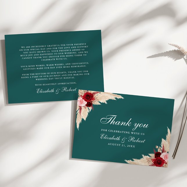 Cartão De Agradecimento Rosas Teal Burgundy Casamento (Teal Burgundy Roses Wedding Thank You Card on a sunny white table.)