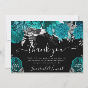 Cartão De Agradecimento Rosas Teal e Prata em Aquarela Quinceanera