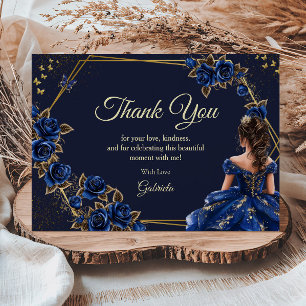 Cartão De Agradecimento Rosas Tiara Dourada Azul Marinho Quinceañera