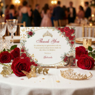 Cartão De Agradecimento Rosas Vermelhas Borboletas Douradas Quinceañera