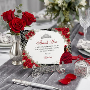 Cartão De Agradecimento Rosas Vermelhas Elegantes e Tiara de Prata Quincea