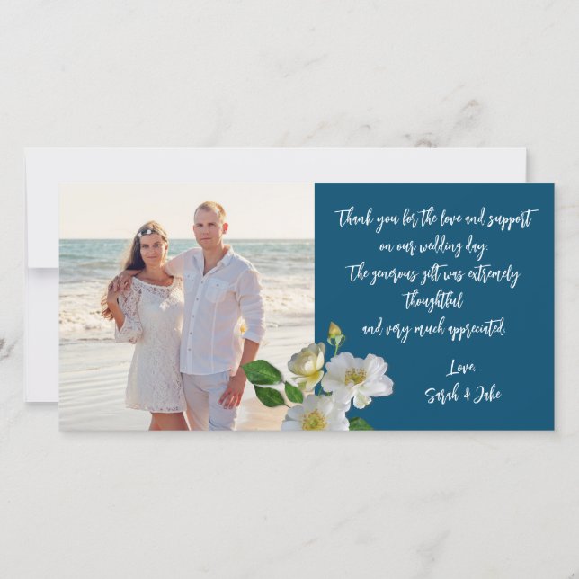 Cartão De Agradecimento Rosas White Beach Foto de casamento Obrigado (Frente)