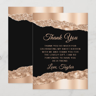 Cartão De Agradecimento Rose Gold e Lágrimas Glam Black Sweet Sixteen
