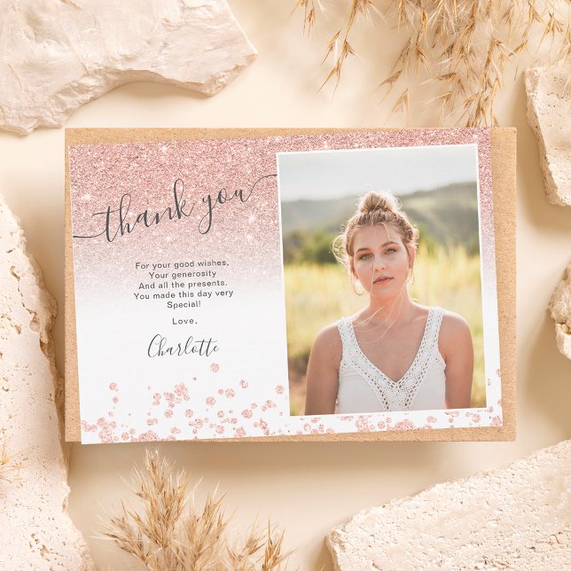 Cartão De Agradecimento Rose gold glitter confetti white Sweet 16 photo  (Criador carregado)