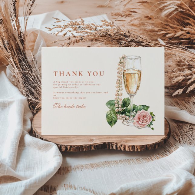 Cartão De Agradecimento Rose Gold Pearls and Prosecco Bridal Shower (Criador carregado)