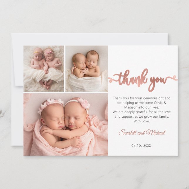 Cartão De Agradecimento Rose Gold Script Girl Twins Babies 3 Photo Collage (Frente)